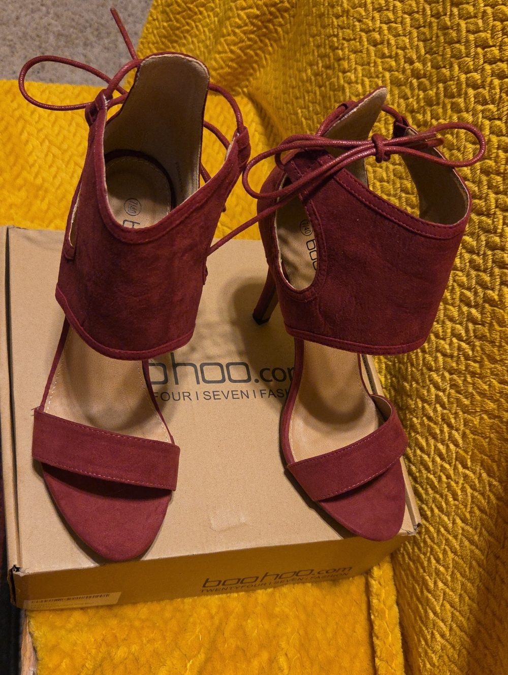 Boohoo Wine Colored 5" Heel  Suede Lace-Up High Heel Sandals